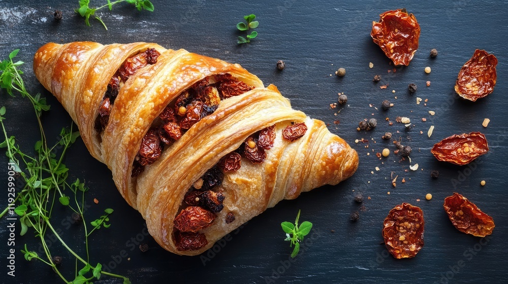 Poster savory croissant filled with dried tomatoes and spices beautifully arranged on a dark background wit