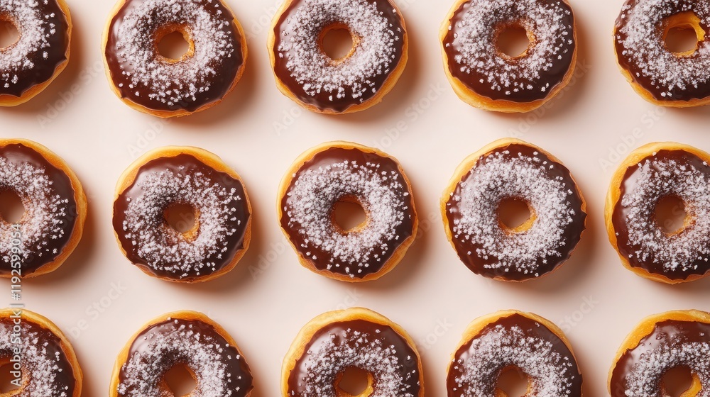 Poster donuts with chocolate icing and powdered sugar arranged in an organized flat lay on a neutral backgr