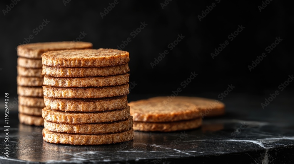 Poster stacked whole grain bread slices on marble surface with dark background