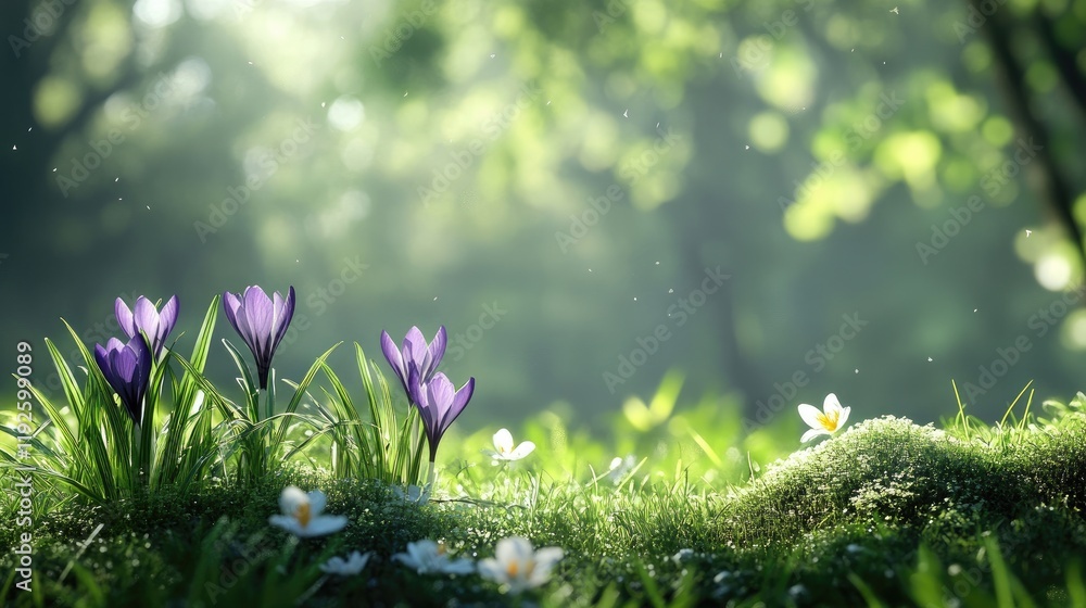Poster Crocus flowers blooming in green grass with a soft sunlight background creating a serene and tranquil spring landscape scene