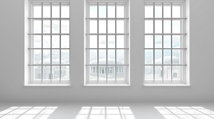 Three Large Windows with Security Bars Offering a View of a Cityscape.