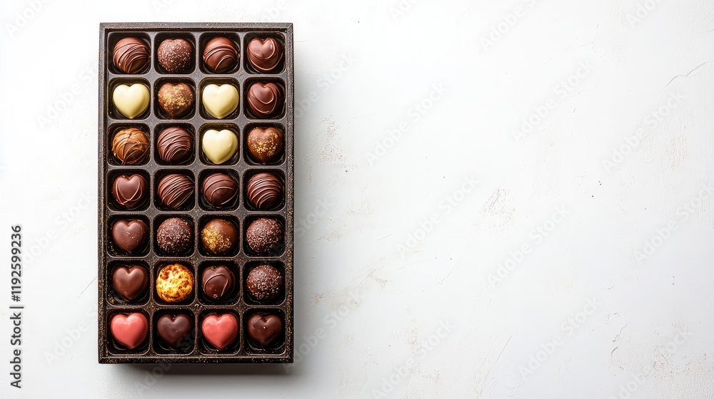 Poster assorted heart-shaped chocolate confections box on white background with copy space for text or adve