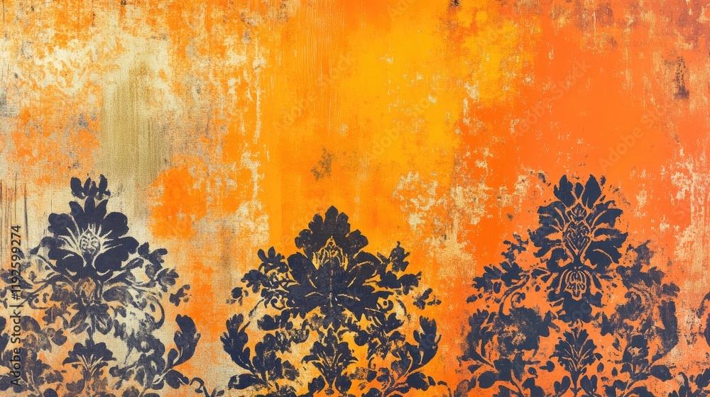 Poster colorful orange victorian textile design with intricate floral patterns and a textured background fo