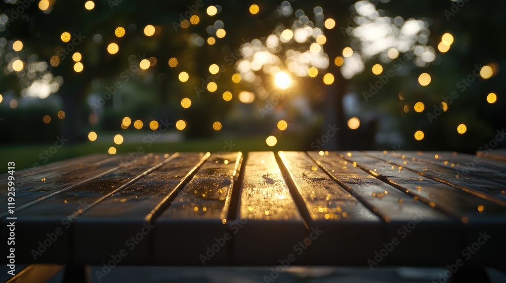Poster wooden table with soft bokeh lights in the evening glow of a relaxing outdoor setting