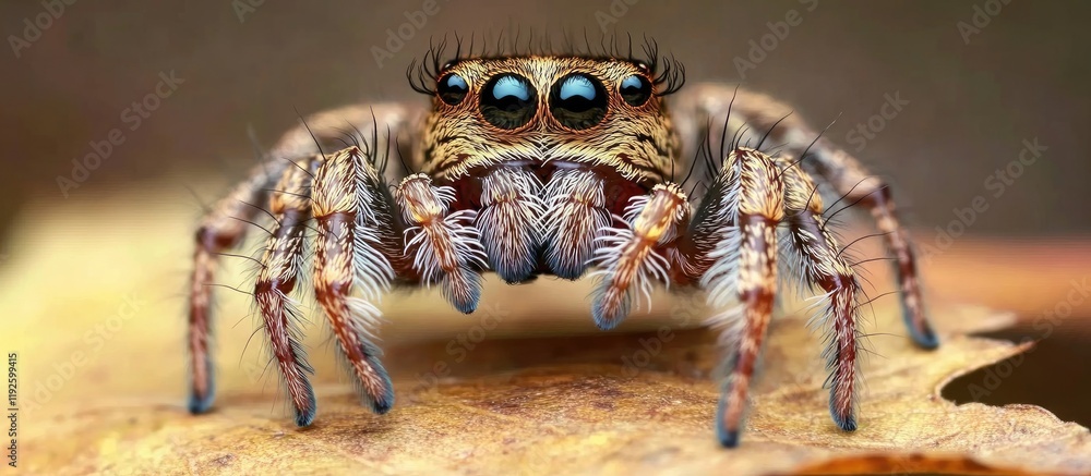 Poster close up of a tiny jumping spider perched on leaves highlighting its unique features and vibrant col