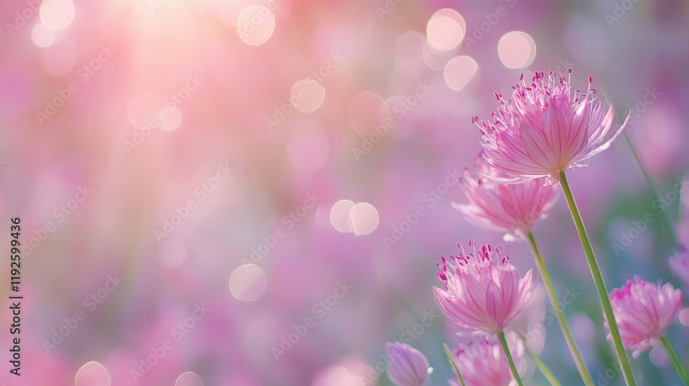Poster delicate flowering onion blooms with soft bokeh background creating an enchanting and dreamy garden 
