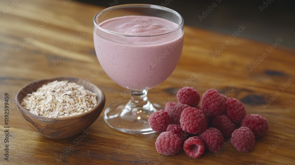 Poster refreshing pink smoothie with fresh raspberries and oats on a rustic wooden table perfect for a summ