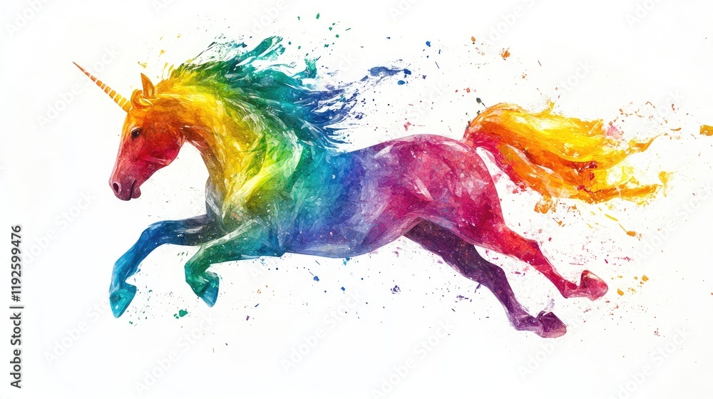 Aufkleber Vibrant watercolor unicorn in a dynamic pose featuring a multicolored rainbow mane and tail on a clean white background