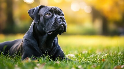 Cane Corso dog resting on grass in a scenic outdoor setting with autumn foliage in the background.