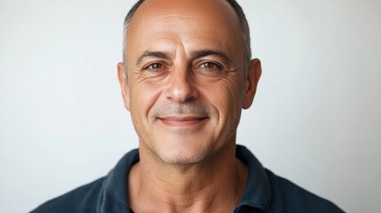Obraz premium Handsome middle aged man smiling in a closeup portrait against a clean white background for lifestyle and personal branding concepts.