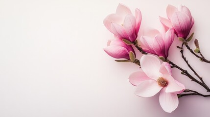 Blooming pink magnolia flowers on branches against a soft pastel white background with ample space for text and design elements
