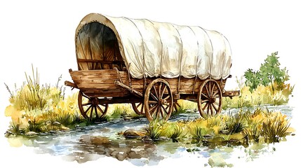 A Watercolor Painting of a Vintage Wooden Covered Wagon by a Stream.