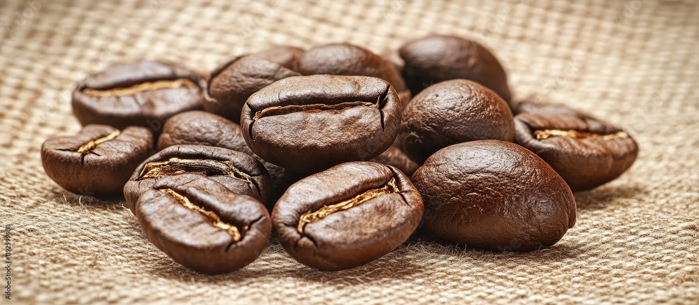 Poster close up of aromatic coffee beans on a burlap background with ample space for text or branding in co