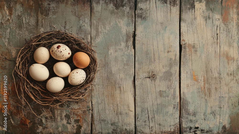 Poster assorted eggs in a rustic nest displayed on a weathered wooden background for natural and farm-inspi