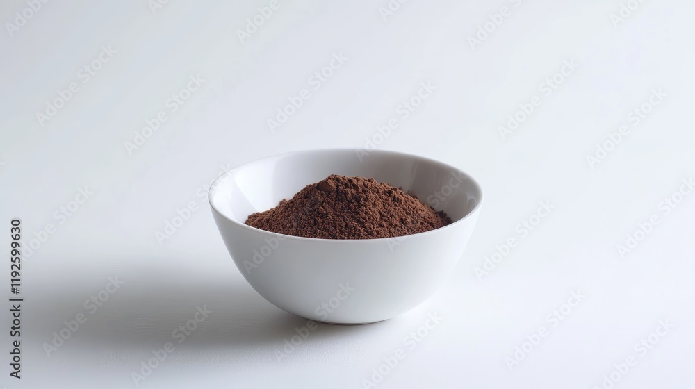 Poster cocoa powder in a white bowl showcasing its rich texture and color ideal for baking and culinary app