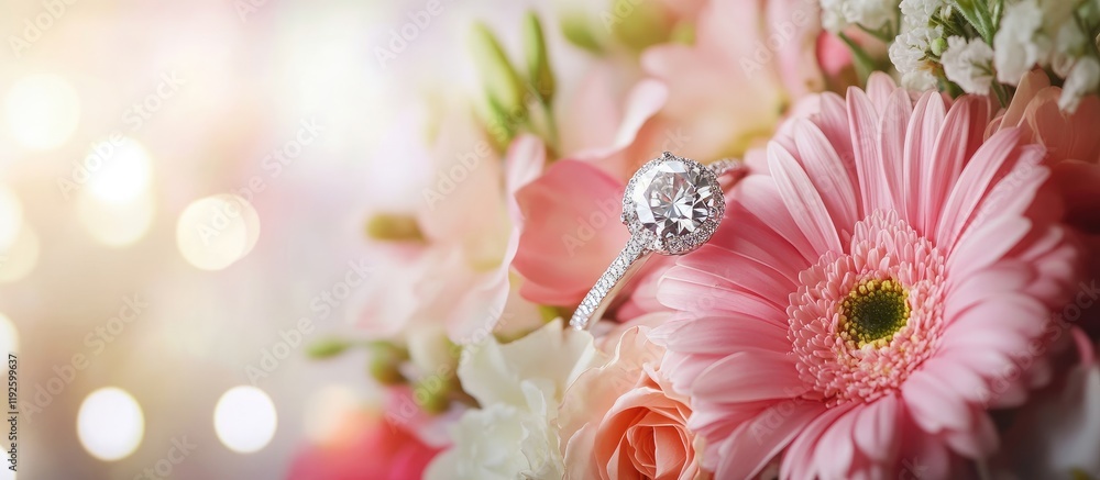 Poster elegant diamond engagement ring nestled in a vibrant flower bouquet with soft bokeh and space for cu