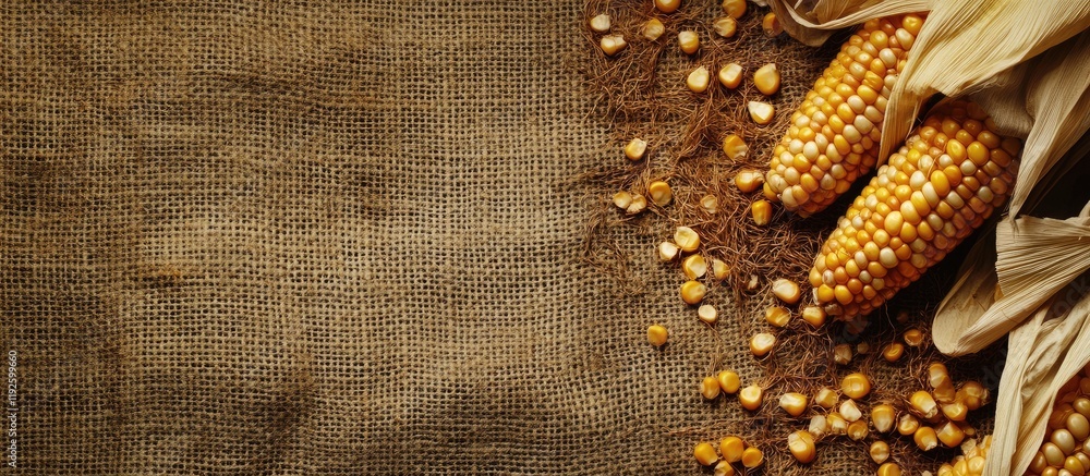 Poster fresh corncobs and peeled corn kernels on burlap background with natural texture and empty space for