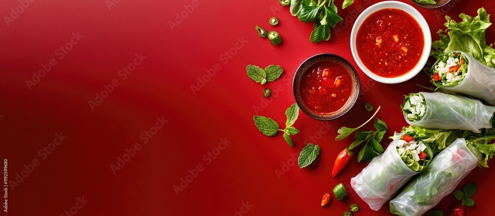 Poster fresh spring rolls with vibrant red salsa on contrasting background ideal for food advertising and p