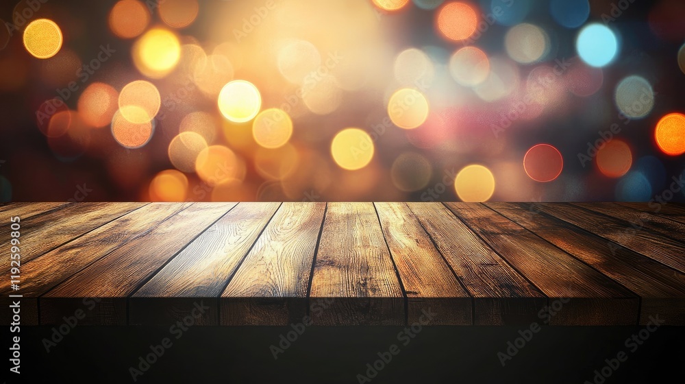 Poster wooden table with blurred colorful bokeh background creating a warm and inviting space for product d