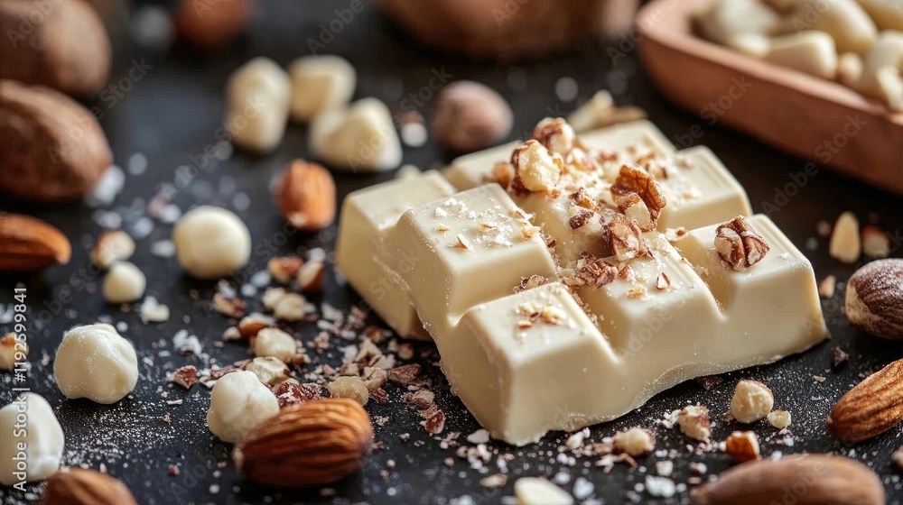 Poster close up of white chocolate bar with nuts and scattered almonds on rustic table background for desse