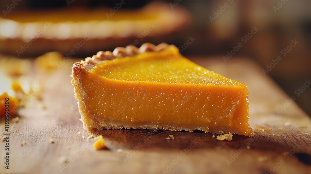 Poster pumpkin pie slice on wooden surface with selective focus showcasing rich filling and golden crust pe