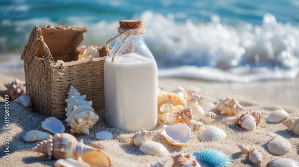 Poster milk bottle and wicker basket on sandy beach surrounded by seashells with ocean waves in the backgro