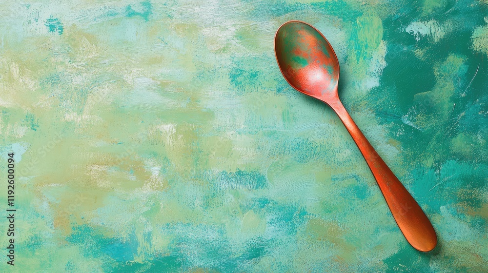 Poster colorful resin spoon with long handle on green pastel background featuring artistic texture and ampl