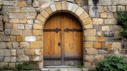 Fototapeta premium Rustic Wooden Door with Iron Hardware Surrounded by Weathered Stone Wall Archway in Historical Architecture
