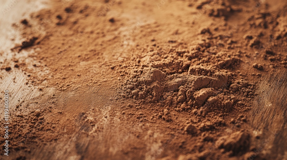 Poster cocoa powder spread on rustic wooden table for culinary and baking contexts