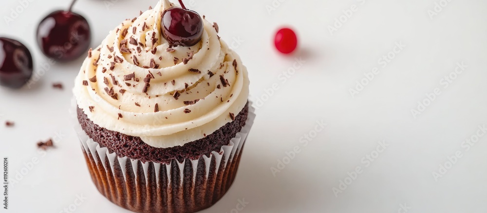 Aufkleber black cherry chocolate cupcake with cream frosting and cherries on white background baking class the
