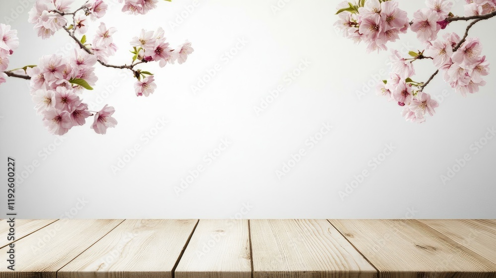 Poster blossoming cherry branches framing an empty wooden table with soft blurred background ideal for disp