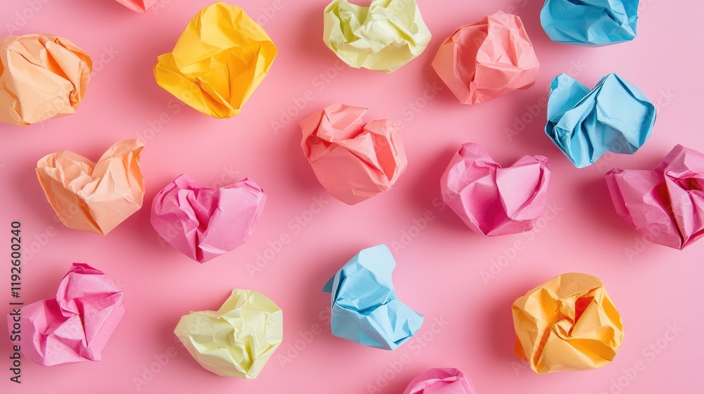Aufkleber Crumpled colorful paper hearts scattered on a soft pink background creating a playful and whimsical visual perfect for romantic themes