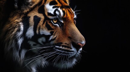 Fototapeta premium Majestic tiger portrait against a black background highlighting its striking features and intense gaze.