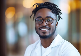 Obraz premium Portrait of a handsome African American male doctor in a white coat with glasses, standing in a hospital and looking at the camera while smiling.