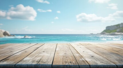 Fototapeta premium Scenic wooden tabletop overlooking a tranquil ocean beach with blue skies and gentle waves in the background