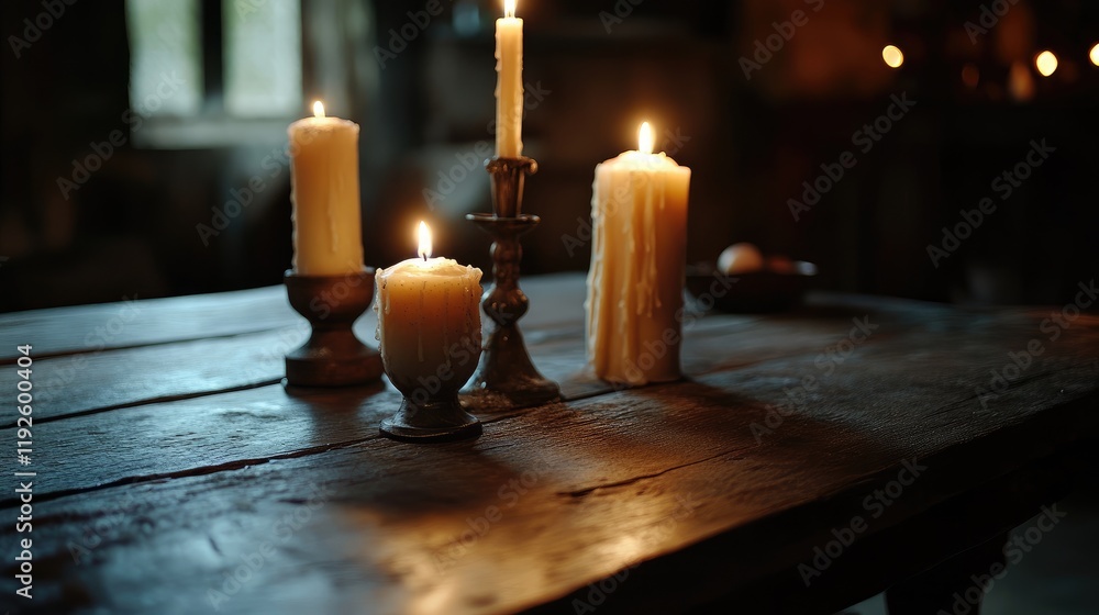 Aufkleber elegant candles illuminating a rustic wooden table creating a warm and serene atmosphere in a dimly 