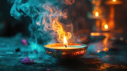 Candle flame and ethereal smoke create a serene ambiance with glowing lights in the background and floral accents on a textured surface