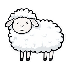 Sticker, a 2D cheerful sheep with fluffy wool, bold white outline on a light gray solid background