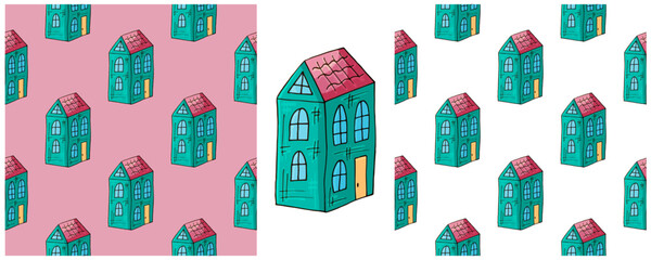 Houses. Set city seamless patterns. Pattern in hand draw style