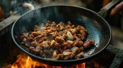 Sizzling Sisig Cooking Over Open Flame Delicious Filipino Dish with Pork and Seasonings