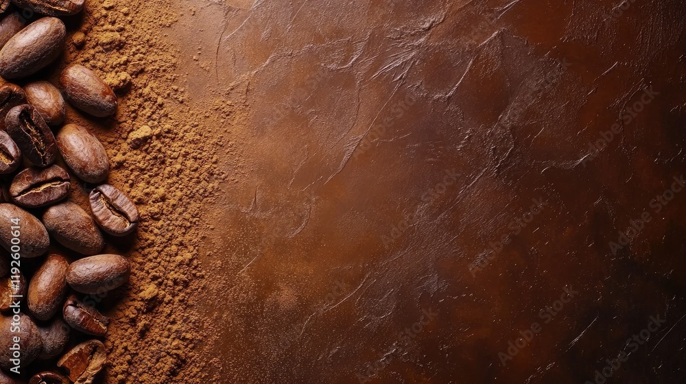 Poster cocoa powder with roasted coffee beans on textured brown background showcasing natural ingredients w