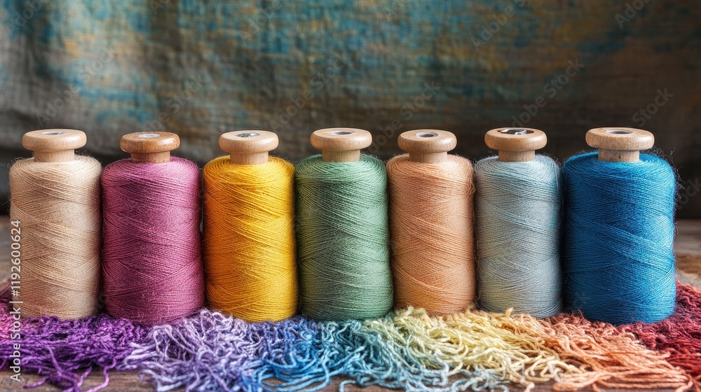 Aufkleber vibrant spools of thread in textile studio showcasing a spectrum of colors for creative sewing and c