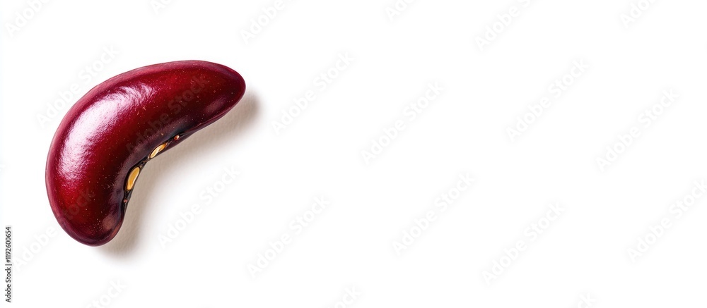 Poster Close up of a single kidney bean on a white background showcasing its rich color and texture with ample space for text placement.