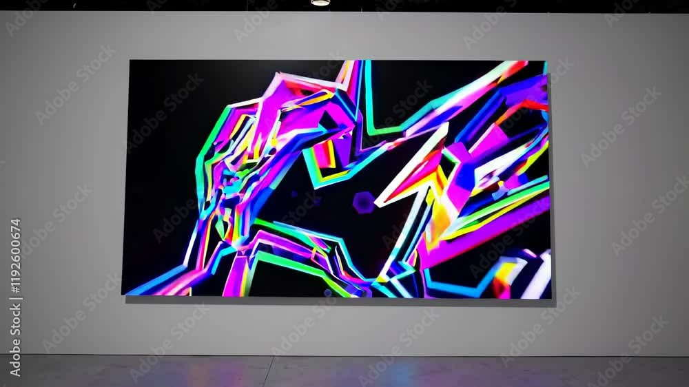 Poster digital art display featuring colorful geometric patterns projected on a gallery wall.