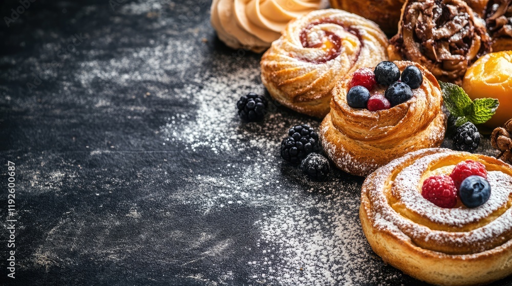 Poster charming assortment of bakery pastries with berries and powdered sugar on textured dark background f