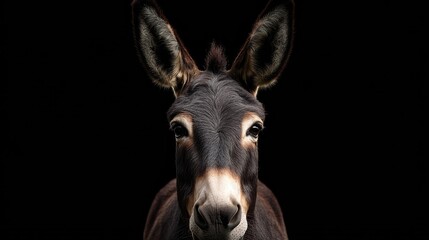 Fototapeta premium Close up of a stubborn donkey with prominent ears against a black background showcasing its unique facial features and character