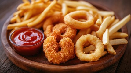 Crispy fast food platter featuring onion rings, chicken nuggets, french fries, and ketchup on a rustic wooden plate