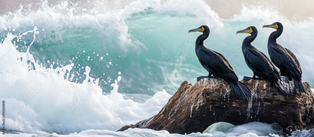 Aufkleber cormorants perched on driftwood amidst crashing ocean waves creating a serene coastal scene with amp