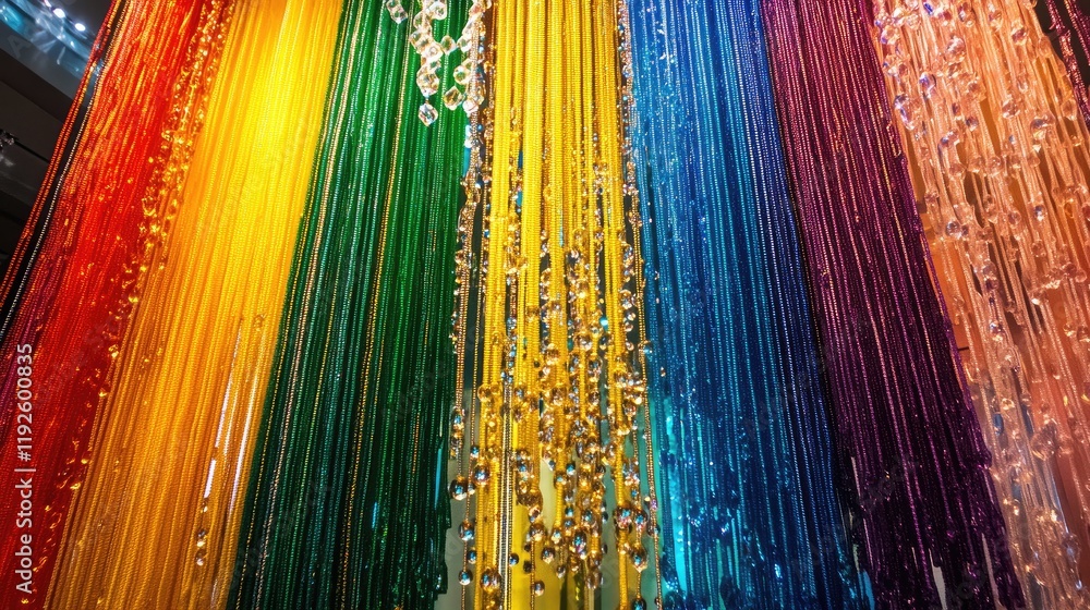 Poster vibrant rainbow beaded threads decor creating a colorful ceiling display in artistic interior design