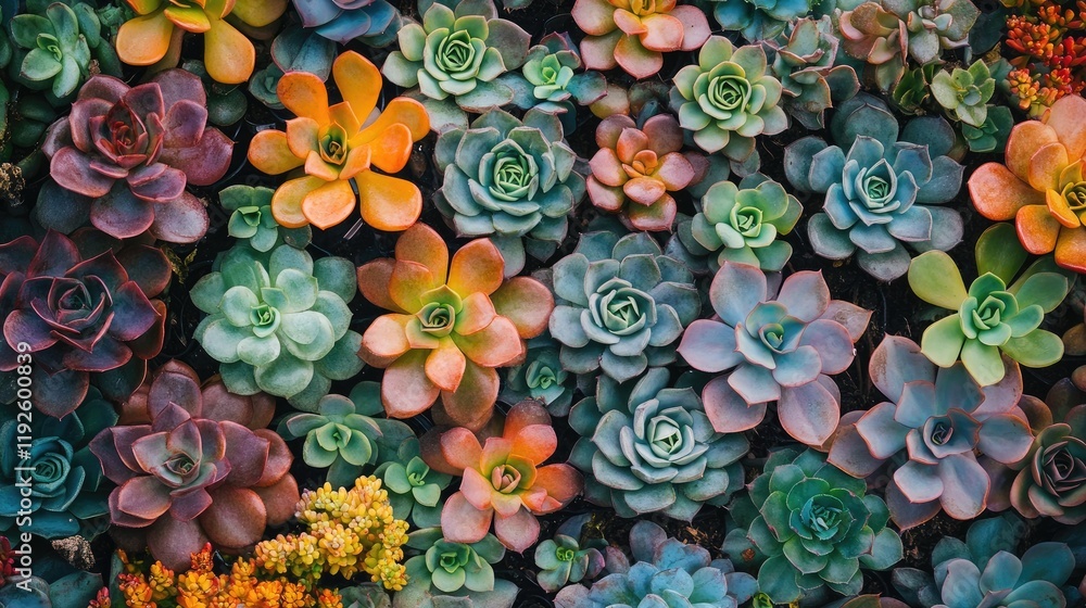 Poster colorful succulent plants composition viewed from above creating a vibrant decorative background in 